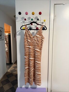 Silk Tan & White Zebra-Stripe Midi Dress